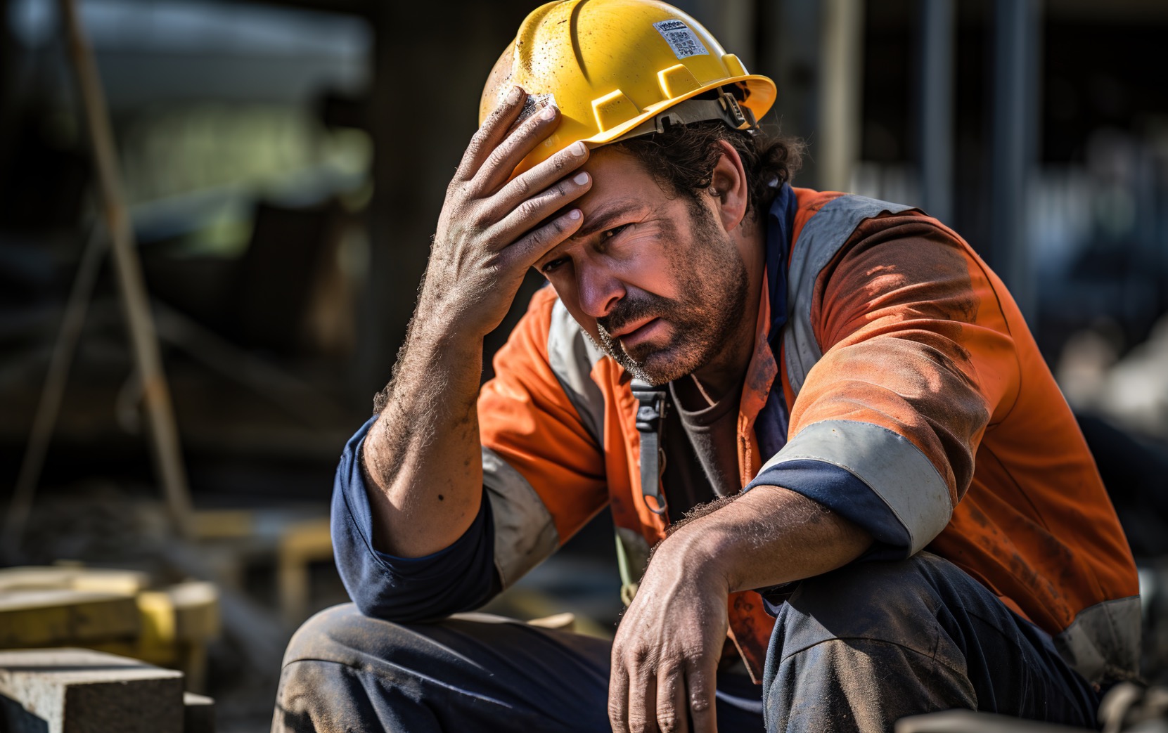 Trabajador de manufactura con señales de agotamiento y estrés laboral en planta industrial