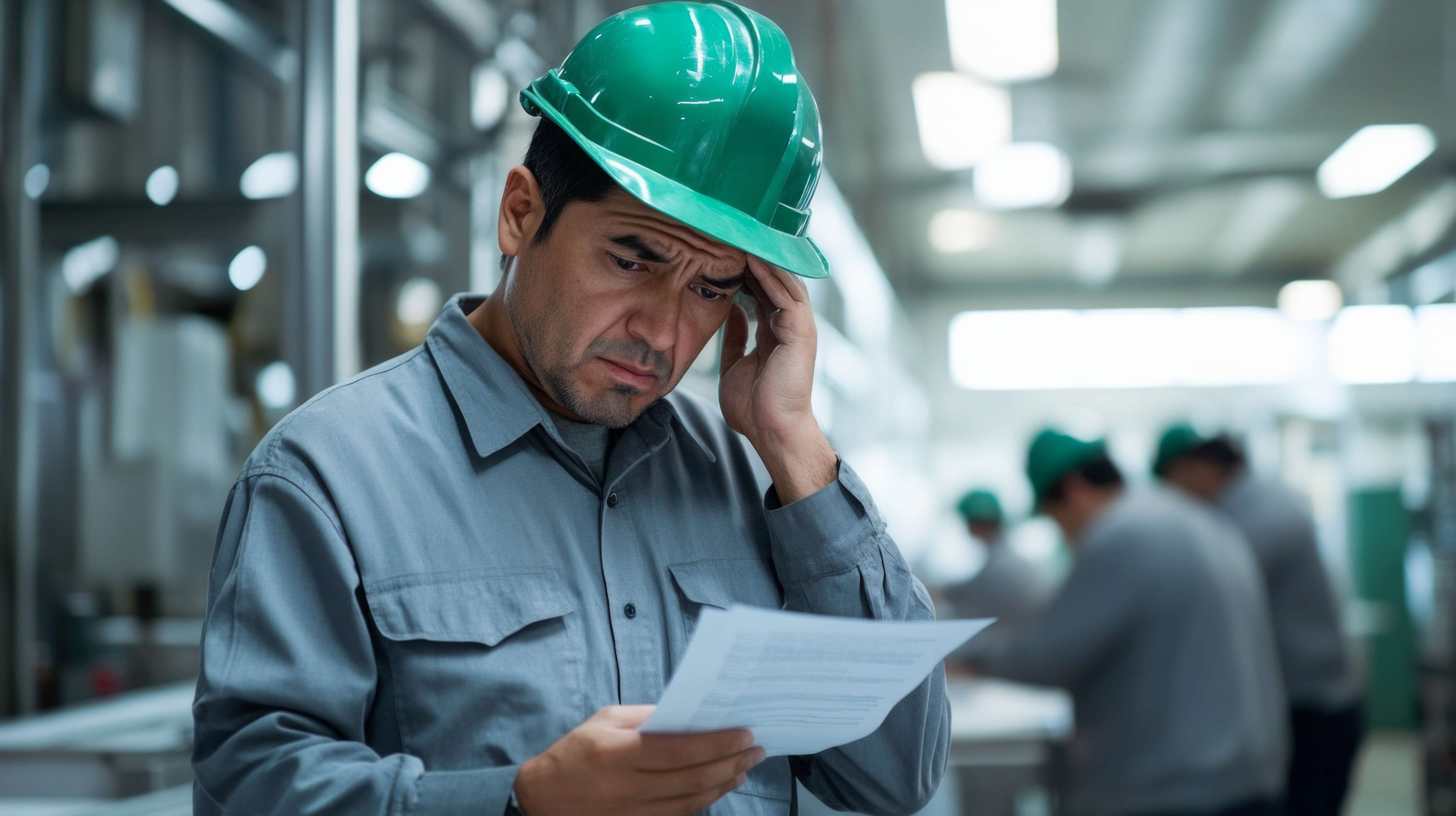 Trabajador de planta bajo presión y estrés laboral en un entorno de manufactura